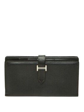 Hermes Bearn Soufflet Bifold Wallet Black Silver Veau Epsom